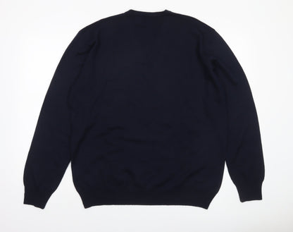 Merinos Men Blue 2XL V-Neck Wool Blend Pullover Jumper