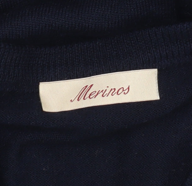 Merinos Men Blue 2XL V-Neck Wool Blend Pullover Jumper
