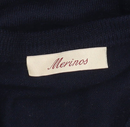Merinos Men Blue 2XL V-Neck Wool Blend Pullover Jumper