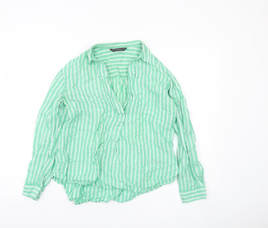 Dunnes Women’s Green Striped Linen Cotton Button-Up Shirt Size S