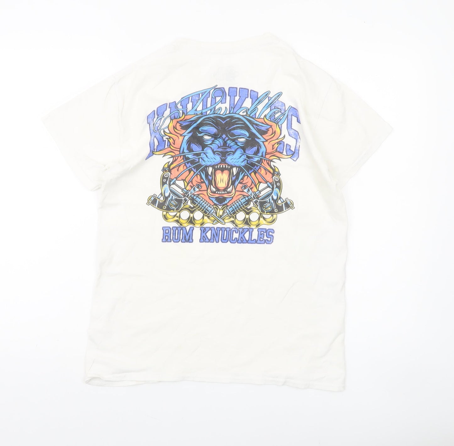 Rum Knuckles Men’s White Cotton Graphic Biker T-Shirt Size S