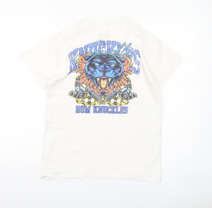 Rum Knuckles Men’s White Cotton Graphic Biker T-Shirt Size S