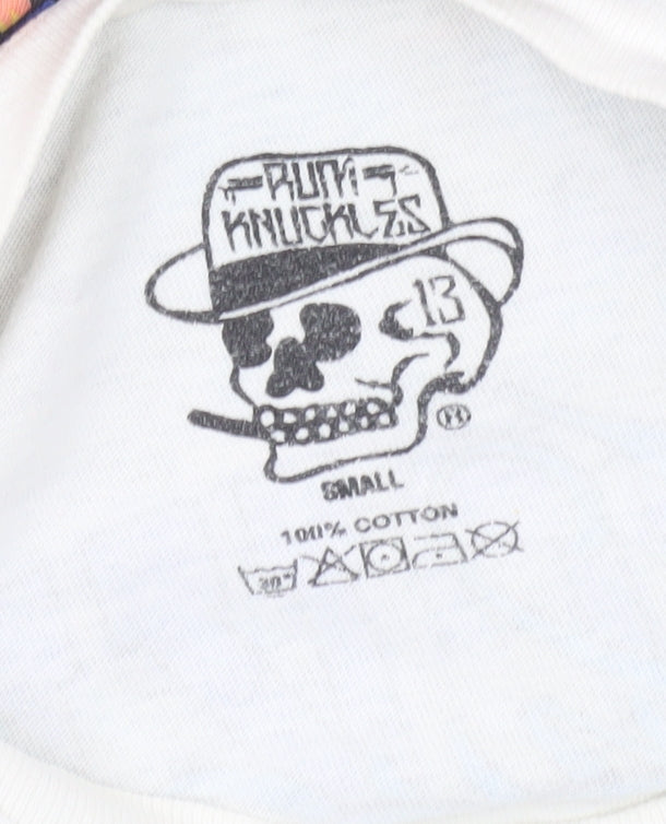Rum Knuckles Men’s White Cotton Graphic Biker T-Shirt Size S