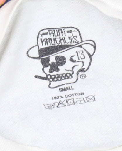 Rum Knuckles Men’s White Cotton Graphic Biker T-Shirt Size S