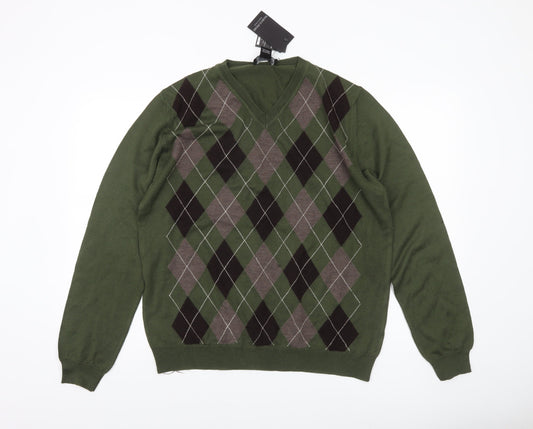 Marco Fiori Men's Green Argyle Merino Wool V-Neck Jumper Size L