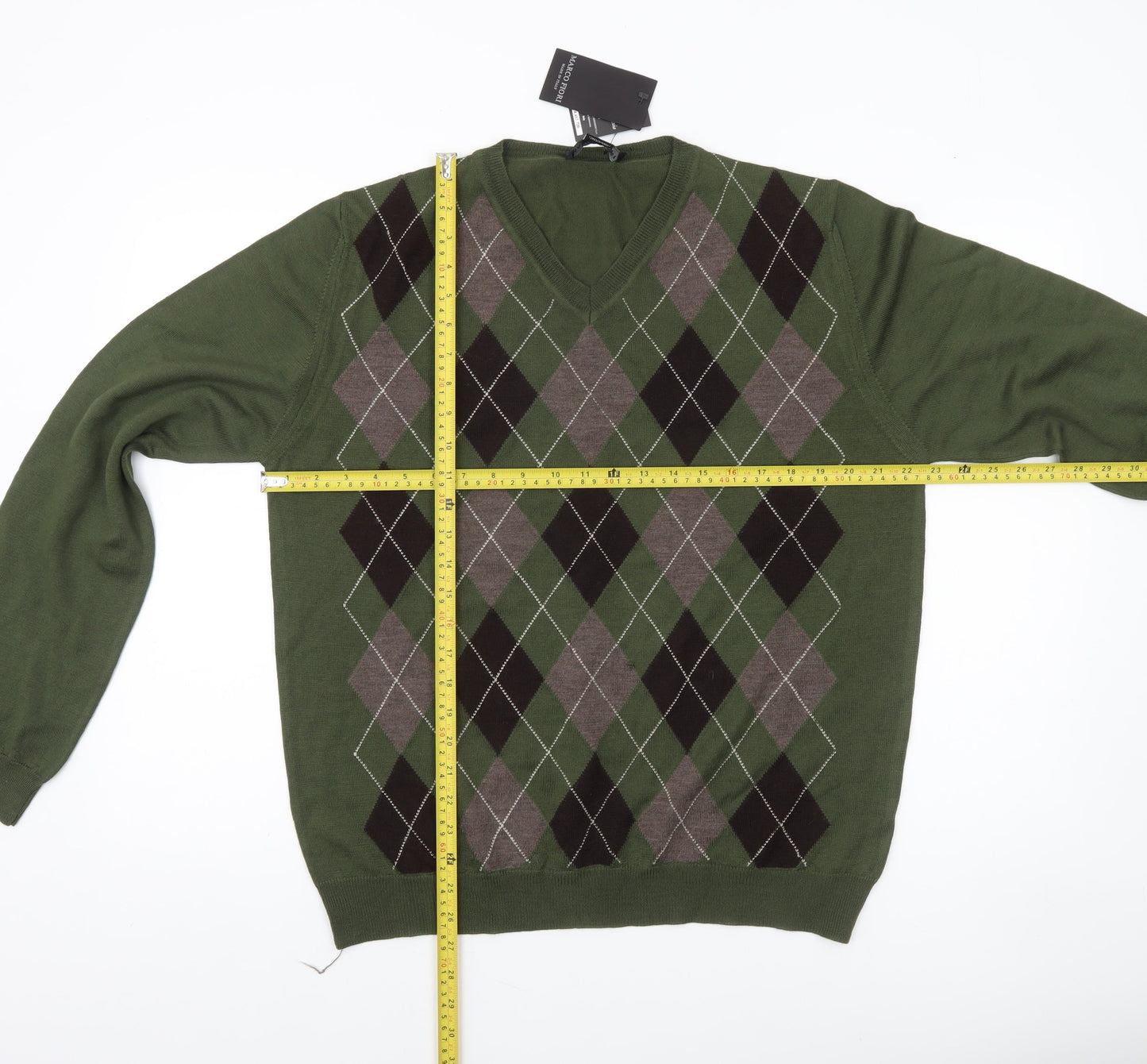 Marco Fiori Men's Green Argyle Merino Wool V-Neck Jumper Size L