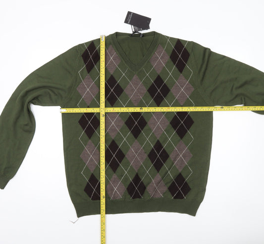Marco Fiori Men's Green Argyle Merino Wool V-Neck Jumper Size L
