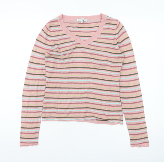 Laura Ashley Women’s Pink Striped V-Neck Jumper Size 10