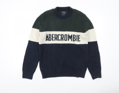 Abercrombie & Fitch Mens Green Navy Cream Crew Neck Pullover Jumper XS