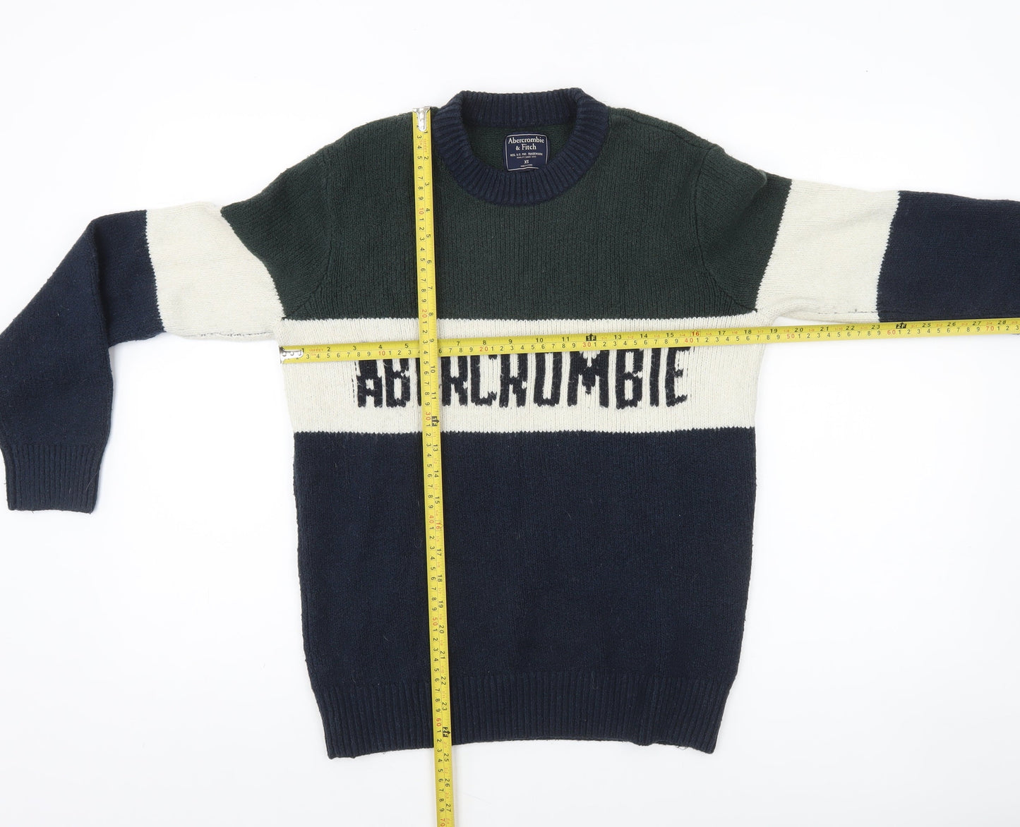 Abercrombie & Fitch Mens Green Navy Cream Crew Neck Pullover Jumper XS