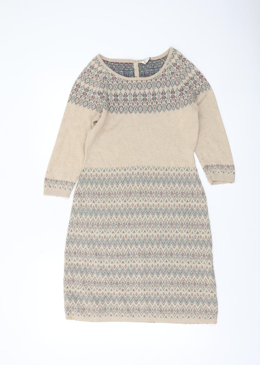 Monsoon Women Beige Knit Shift Dress S Geometric Pattern 3/4 Sleeve