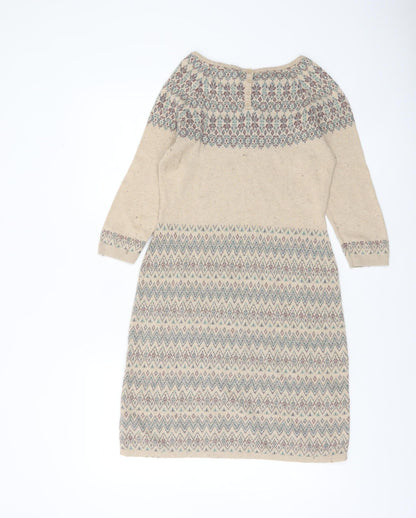 Monsoon Women Beige Knit Shift Dress S Geometric Pattern 3/4 Sleeve