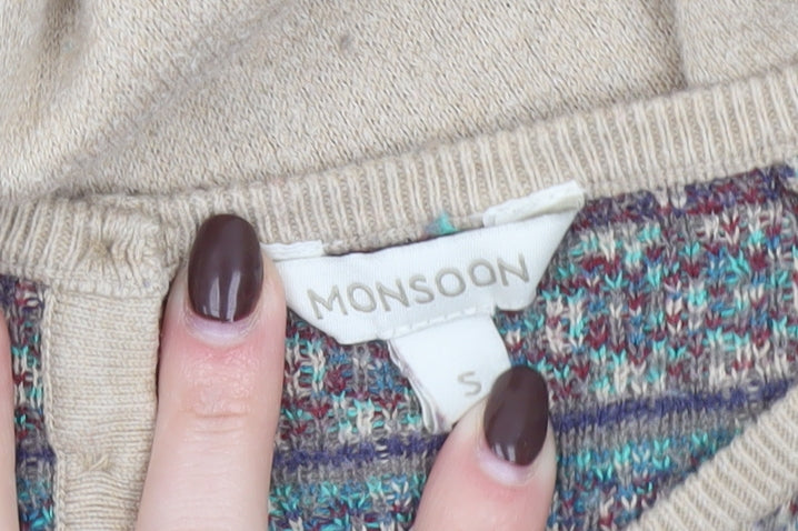 Monsoon Women Beige Knit Shift Dress S Geometric Pattern 3/4 Sleeve