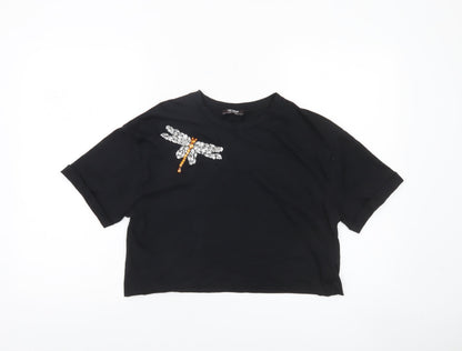 Zara Trafaluc Women's Black Cropped Beaded Dragonfly T-Shirt Size S