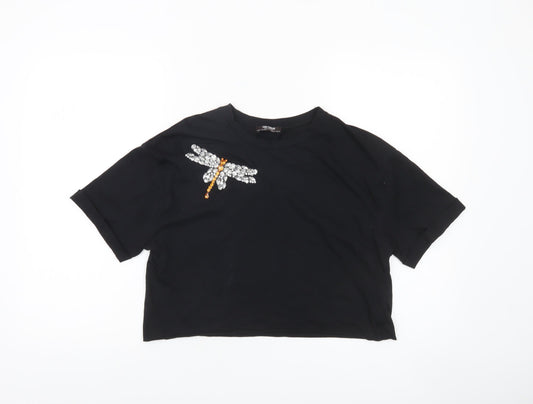 Zara Trafaluc Women's Black Cropped Beaded Dragonfly T-Shirt Size S