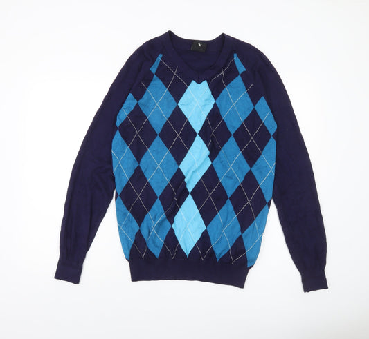 Dunlop Men Blue Argyle V-Neck Pullover Jumper Size M