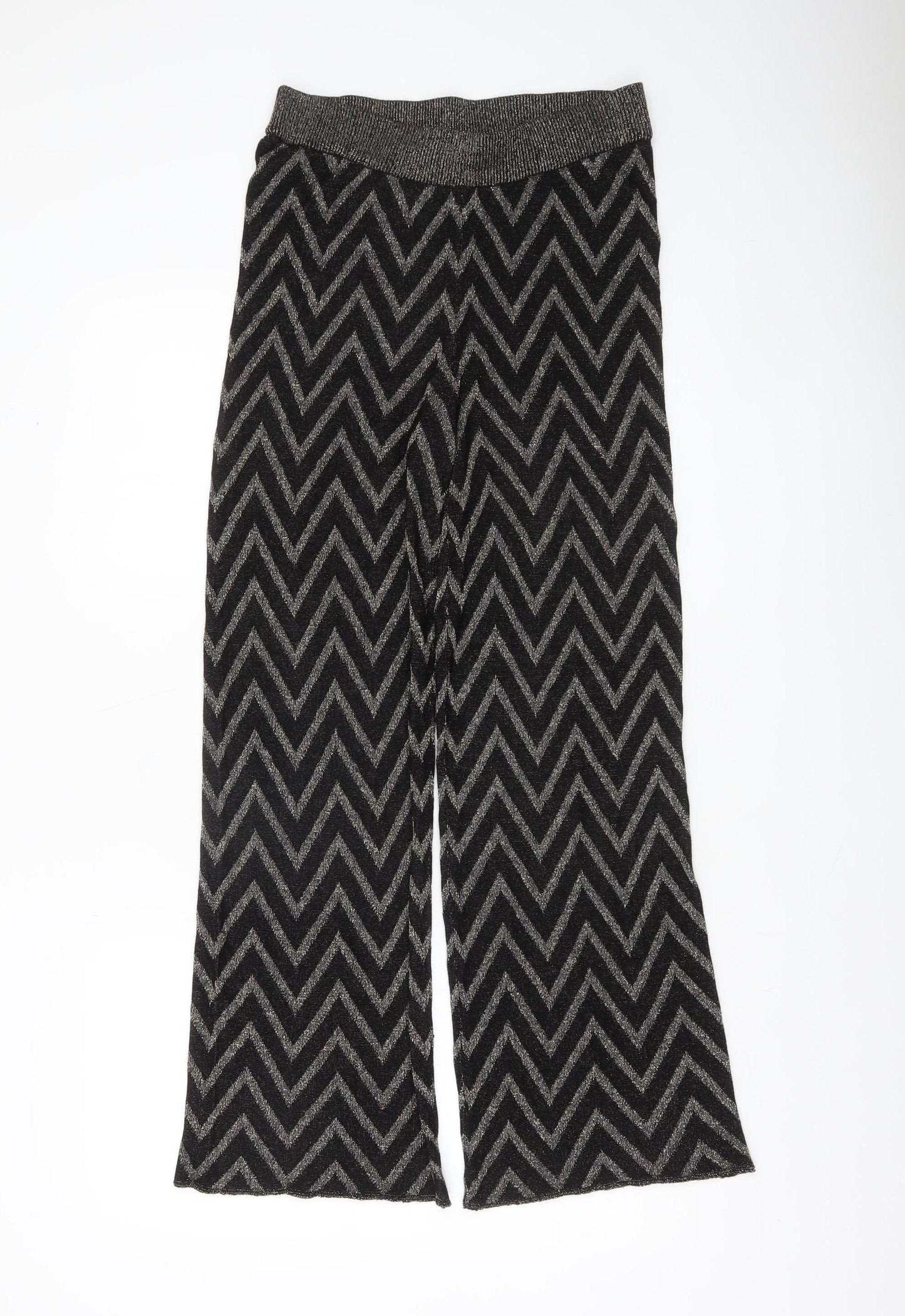 ONLY Women’s Black Metallic Zigzag Wide-Leg Knit Trousers Size M
