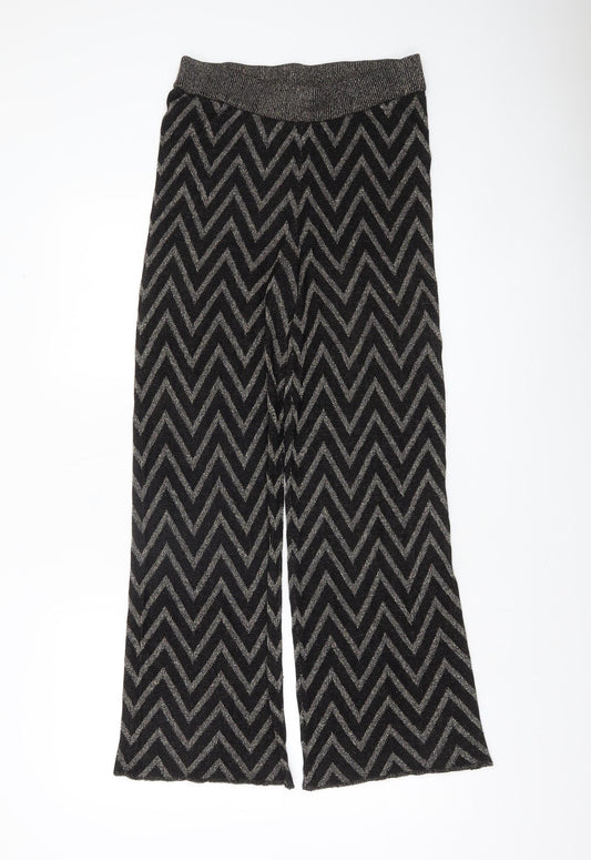 ONLY Women’s Black Metallic Zigzag Wide-Leg Knit Trousers Size M