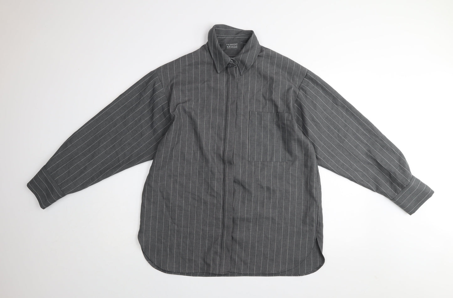 Primark Women's Grey Pinstripe Button-Up Shirt Size S Polyester Blend