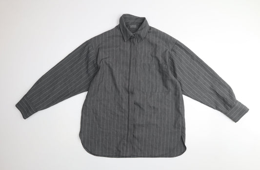 Primark Women's Grey Pinstripe Button-Up Shirt Size S Polyester Blend