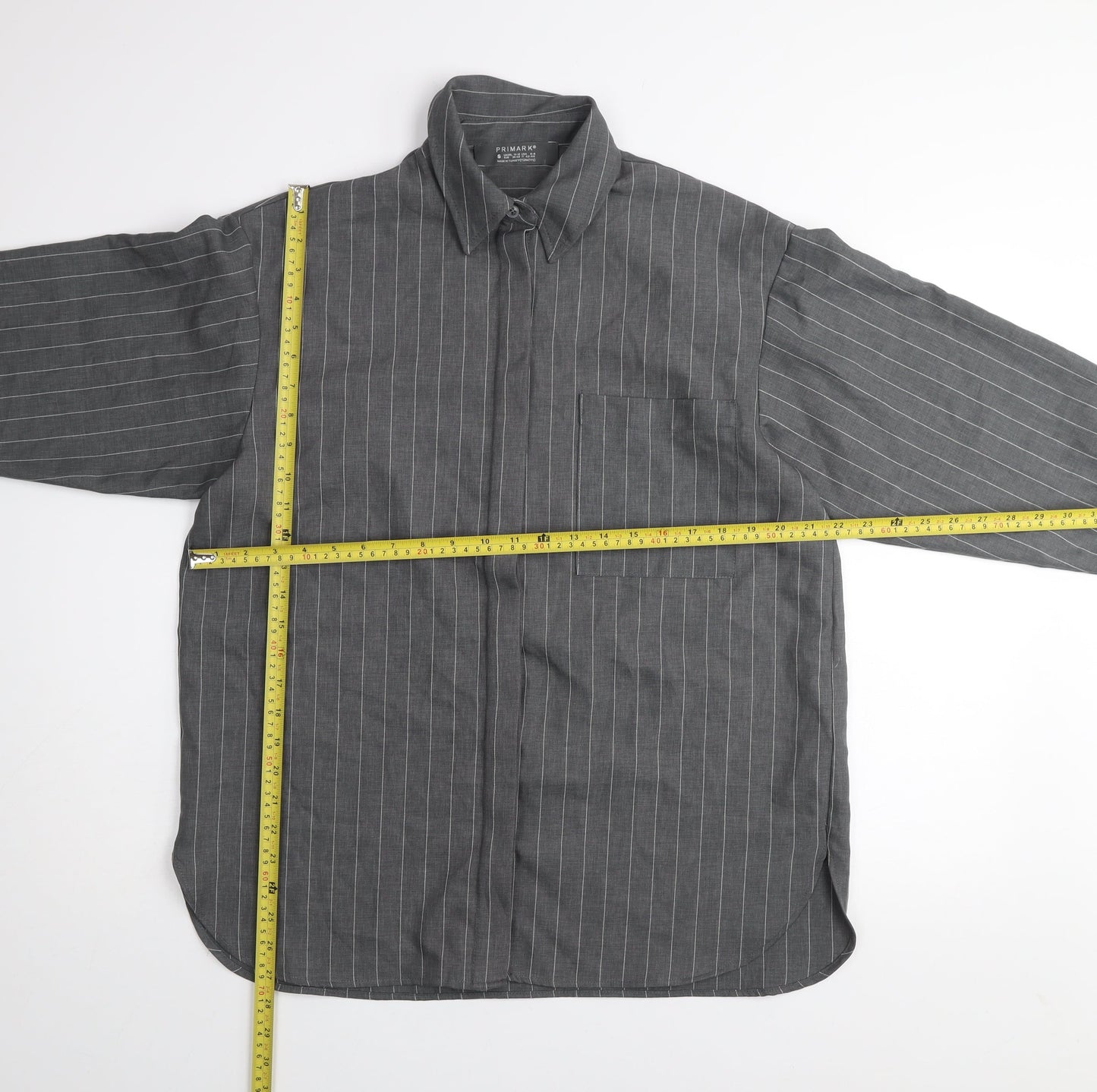 Primark Women's Grey Pinstripe Button-Up Shirt Size S Polyester Blend