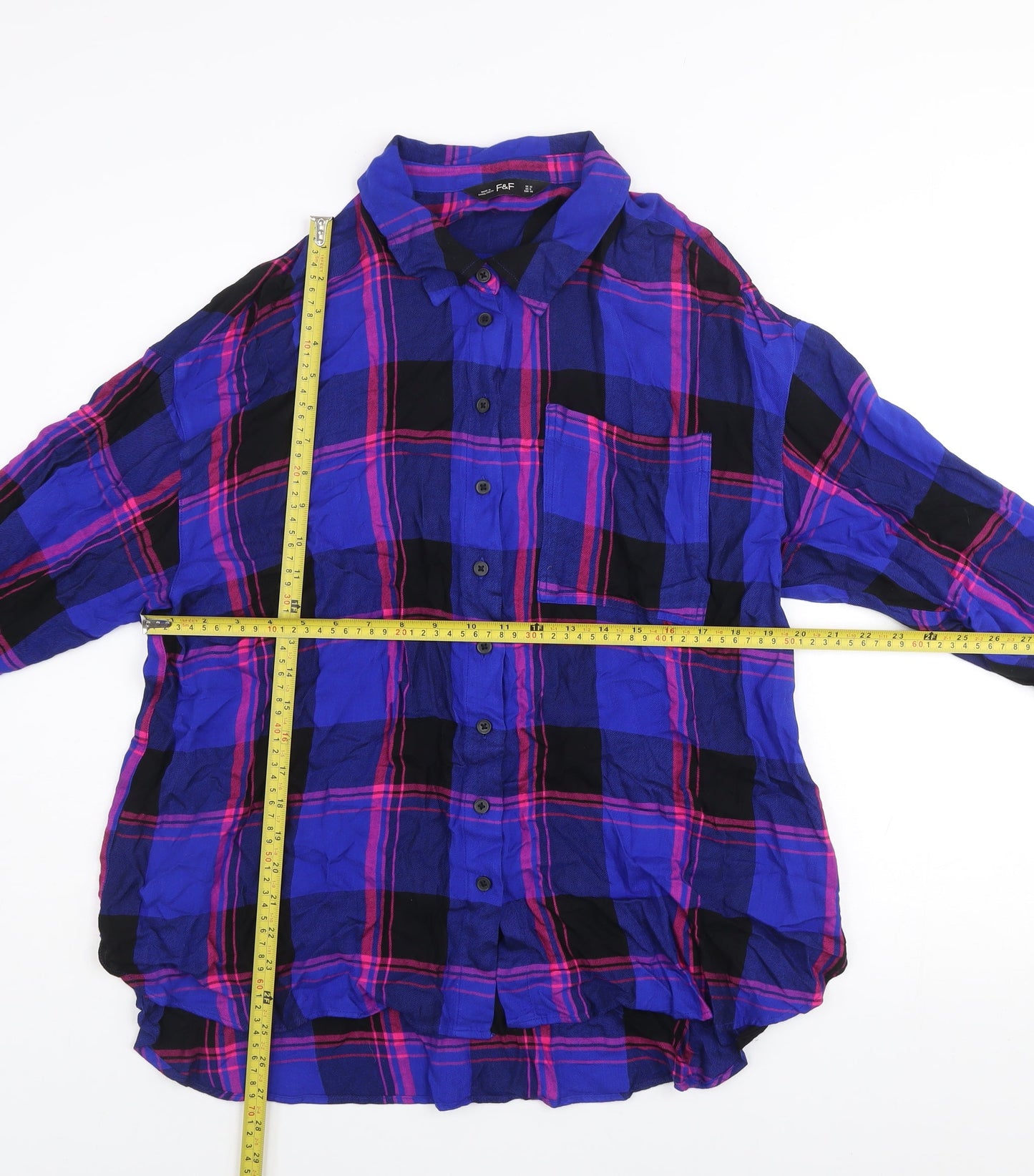 F&F Women's Blue Plaid Long Sleeve Button-Up Shirt UK 12