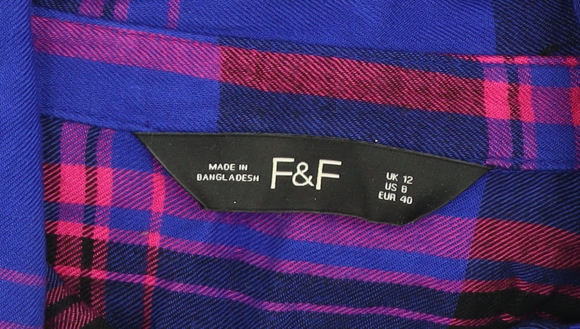 F&F Women's Blue Plaid Long Sleeve Button-Up Shirt UK 12