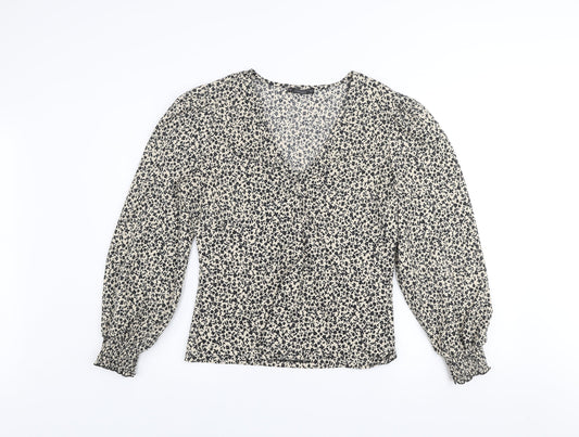 Dunnes Women's Black Floral V-Neck Long Sleeve Tunic Blouse Size M