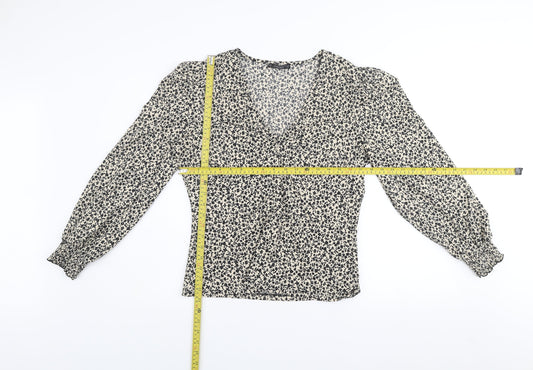 Dunnes Women's Black Floral V-Neck Long Sleeve Tunic Blouse Size M