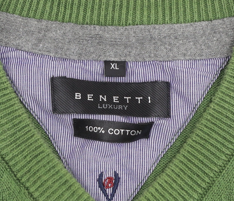 Benetti Green Cotton V-Neck Men’s XL Pullover Jumper