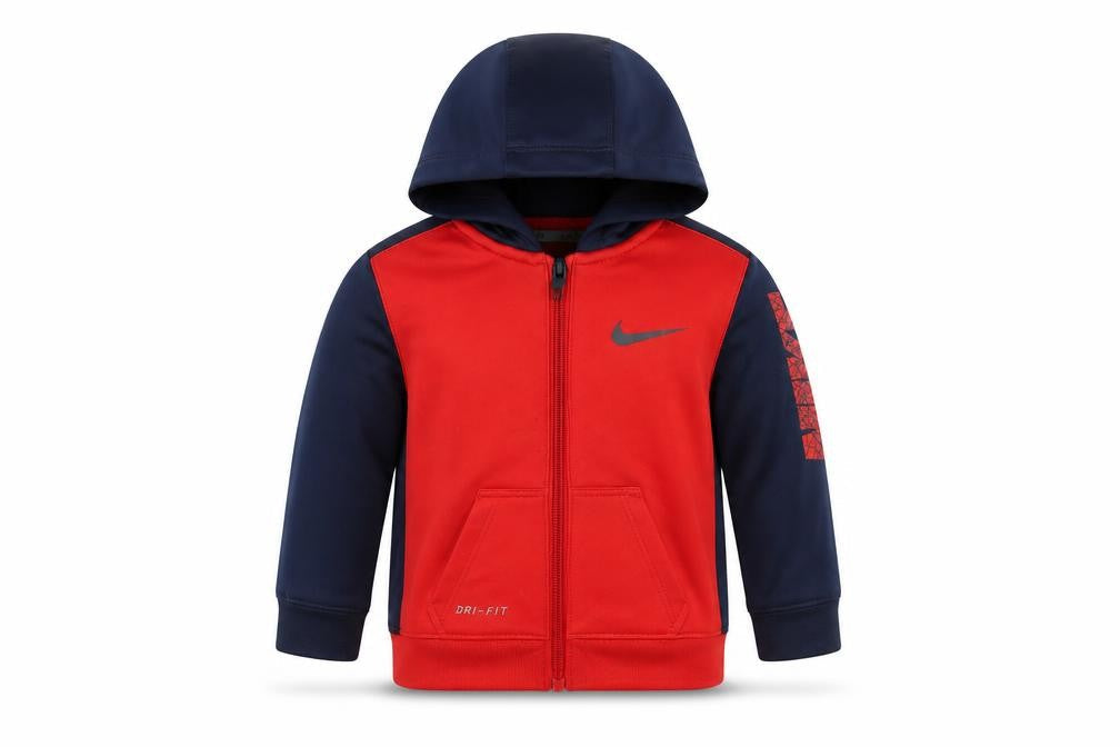 Front view of Nike unisex baby red & navy hooded full zip dri-fit track jacket 6-9 months