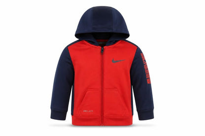 Front view of Nike unisex baby red & navy hooded full zip dri-fit track jacket 6-9 months