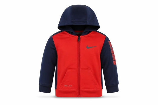 Front view of Nike unisex baby red & navy hooded full zip dri-fit track jacket 6-9 months