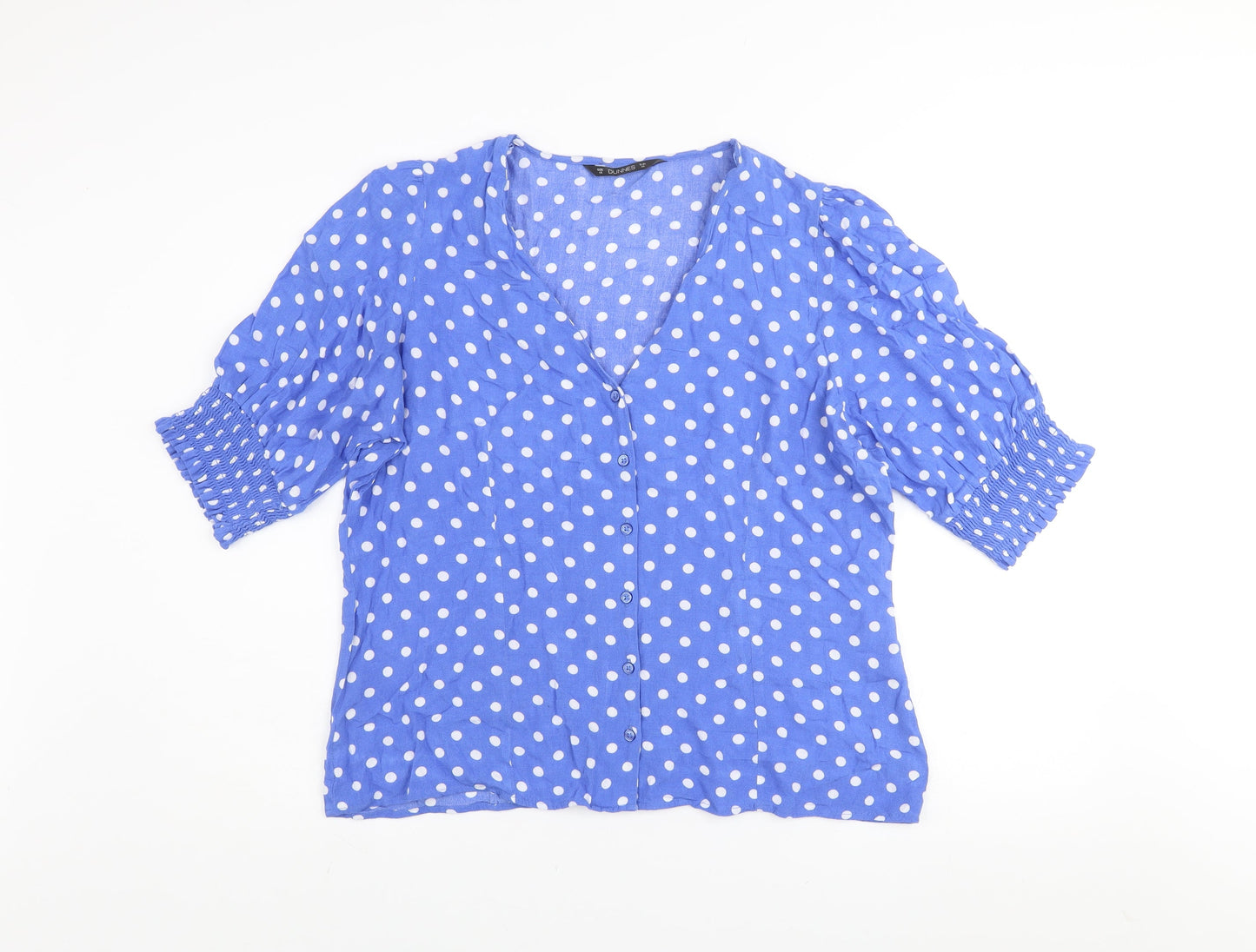 Dunnes Women Blue Polka Dot V-Neck Puff Sleeve Blouse Size 16