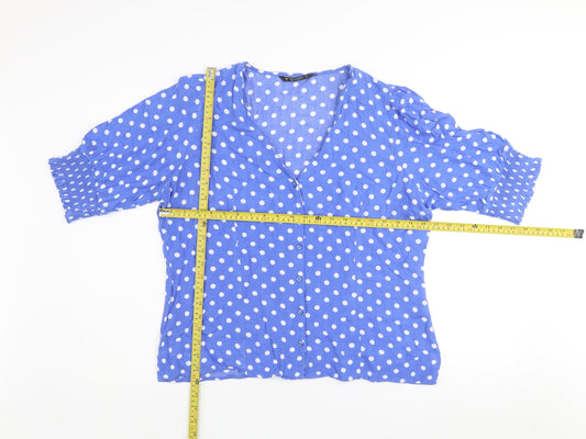 Dunnes Women Blue Polka Dot V-Neck Puff Sleeve Blouse Size 16