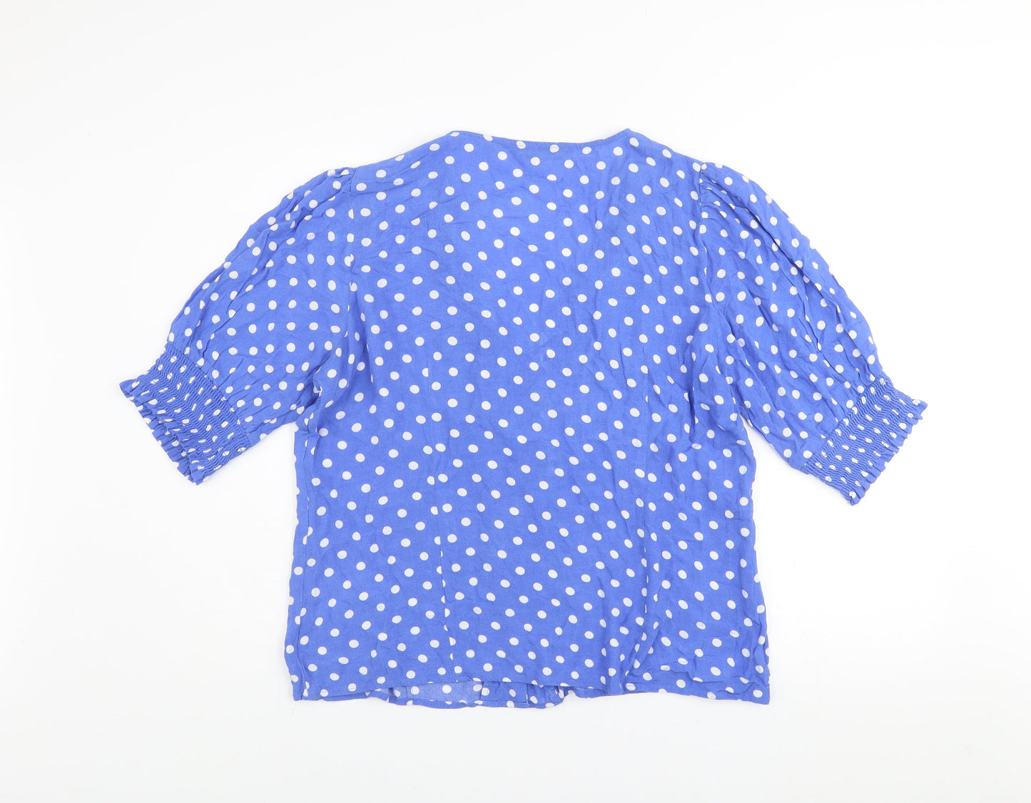 Dunnes Women Blue Polka Dot V-Neck Puff Sleeve Blouse Size 16