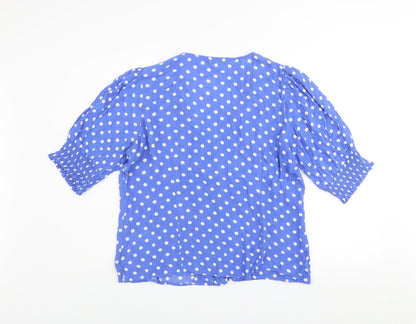 Dunnes Women Blue Polka Dot V-Neck Puff Sleeve Blouse Size 16