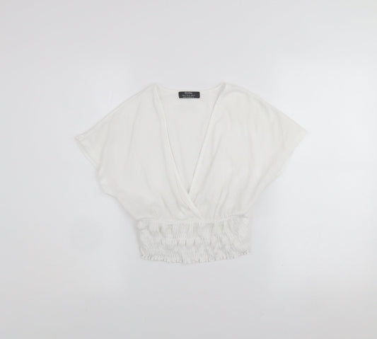 Bershka Women’s White Cropped V-Neck Blouse XS