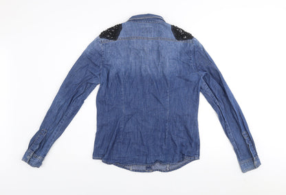 Womens UK Size 12 Only Blue Denim Button-Up
