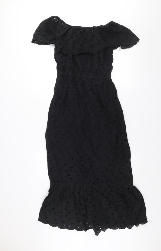 Dunnes Women Black Size 8 Off Shoulder Ruffle Midi Cotton Dress