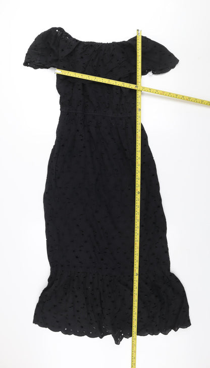 Dunnes Women Black Size 8 Off Shoulder Ruffle Midi Cotton Dress