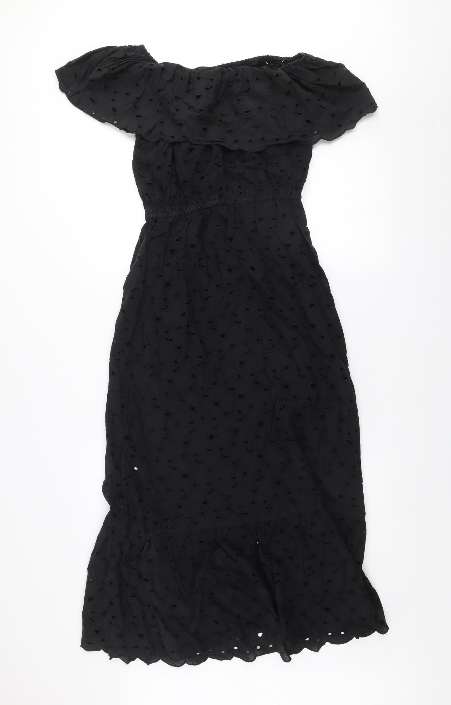 Dunnes Women Black Size 8 Off Shoulder Ruffle Midi Cotton Dress