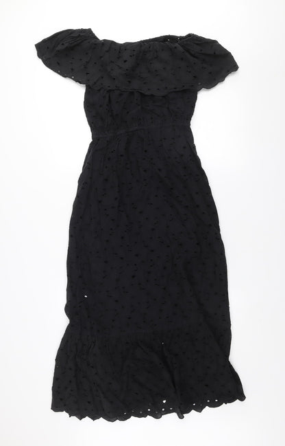 Dunnes Women Black Size 8 Off Shoulder Ruffle Midi Cotton Dress