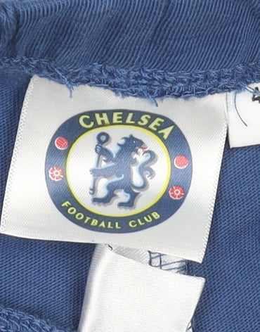 Brand and care label for Chelsea FC unisex baby blue cotton shorts 9-12 months elastic waist