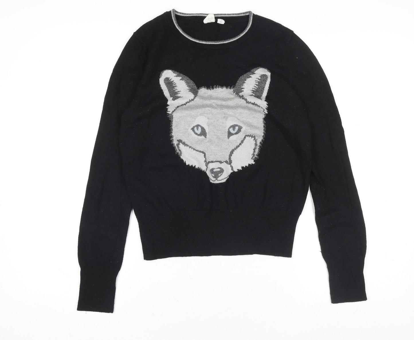 GAP Womens Black Wool Blend Fox Jumper Size S Long Sleeve Crew Neck