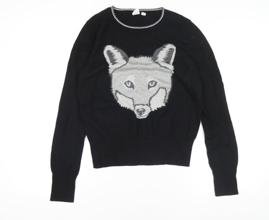 GAP Womens Black Wool Blend Fox Jumper Size S Long Sleeve Crew Neck