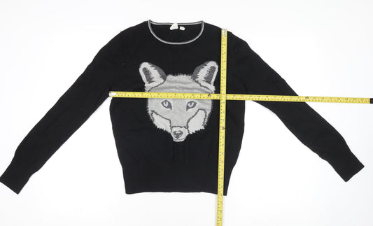 GAP Womens Black Wool Blend Fox Jumper Size S Long Sleeve Crew Neck