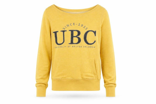 Front view of Varsity Collection unisex yellow ubc graphic long sleeve sweatshirt s