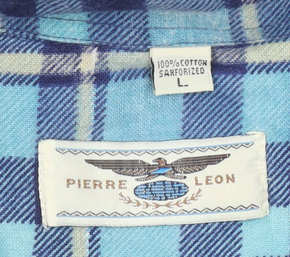 Pierre Leon Men's Blue Checked Flannel Long Sleeve Casual Shirt L