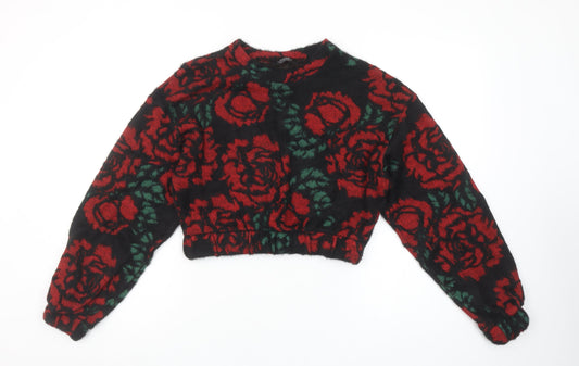 Bershka Women’s Black Red Floral Knit Pullover Jumper Size 8